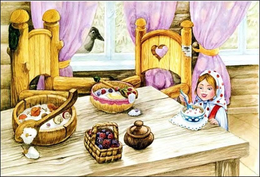 Девочка взяла маленькую ложечку и поела из синей чашечки